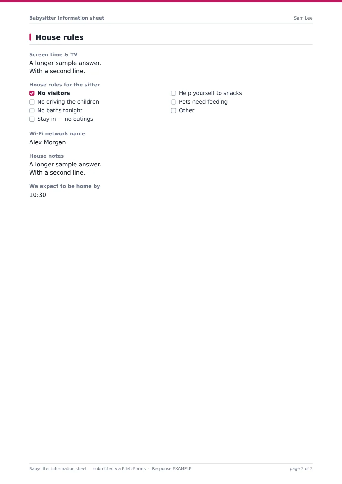 Babysitter information sheet — example response PDF, page 3 of 3
