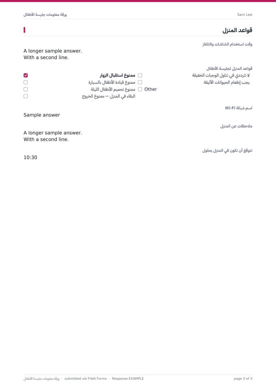 ورقة معلومات جليسة الأطفال — ملف PDF لرد نموذجي، الصفحة 3 من 3