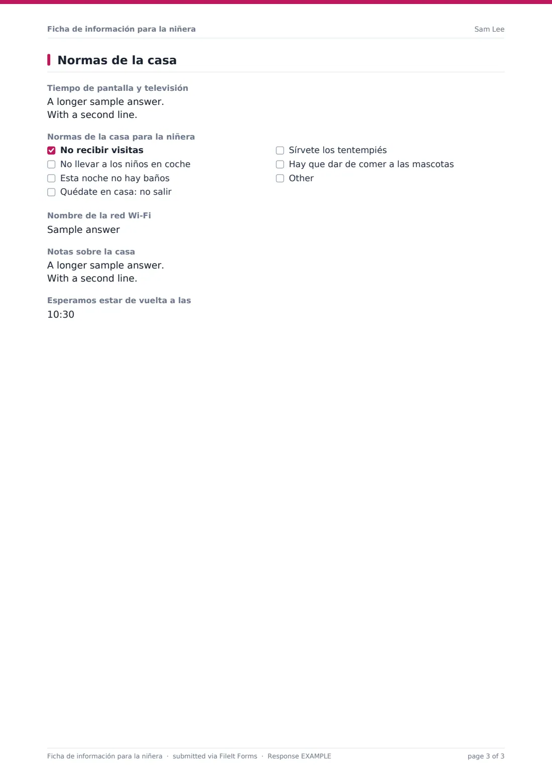 Ficha de información para la niñera — PDF de respuesta de ejemplo, página 3 de 3
