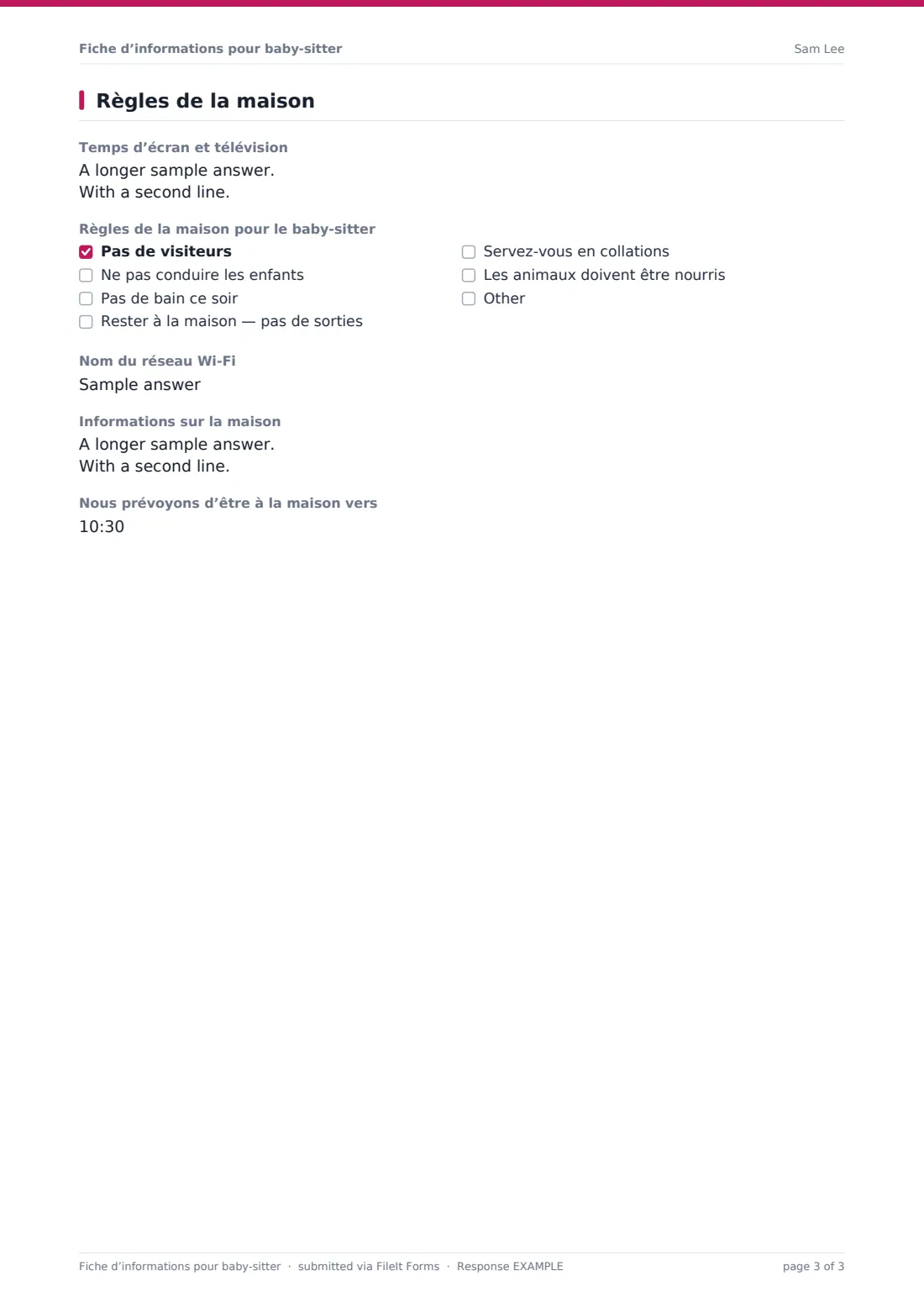 Fiche d’informations pour baby-sitter — exemple de réponse au format PDF, page 3 sur 3