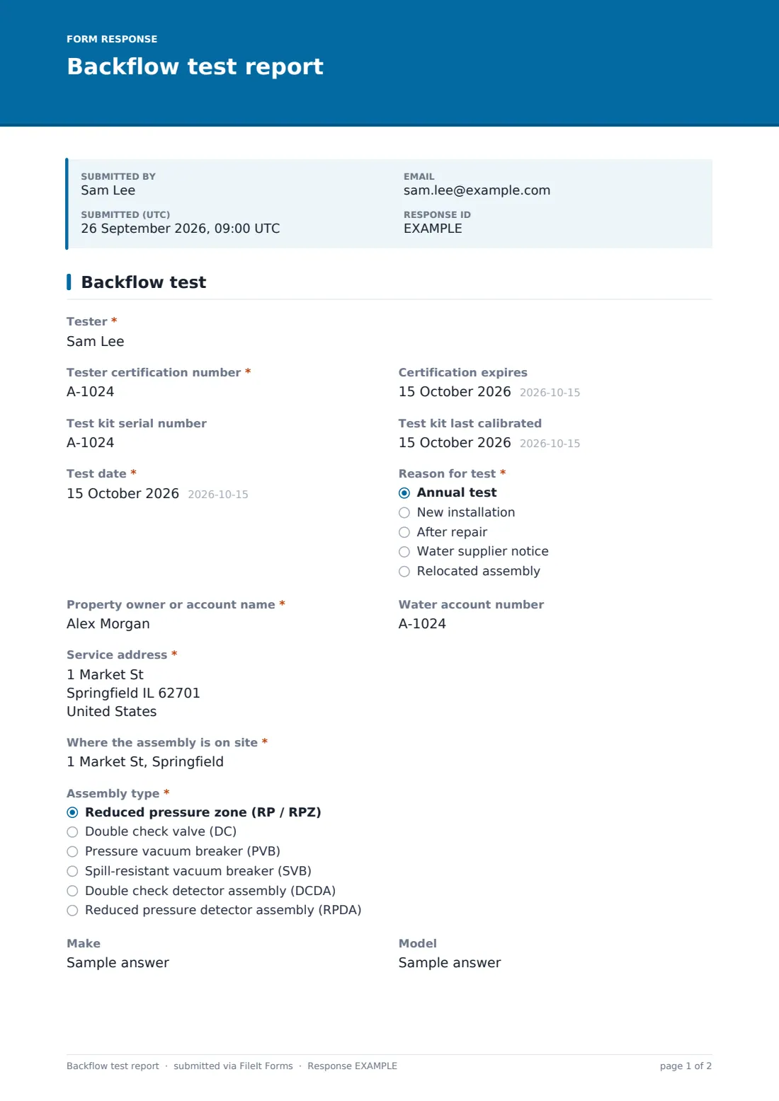 Backflow test report — example response PDF, page 1 of 2