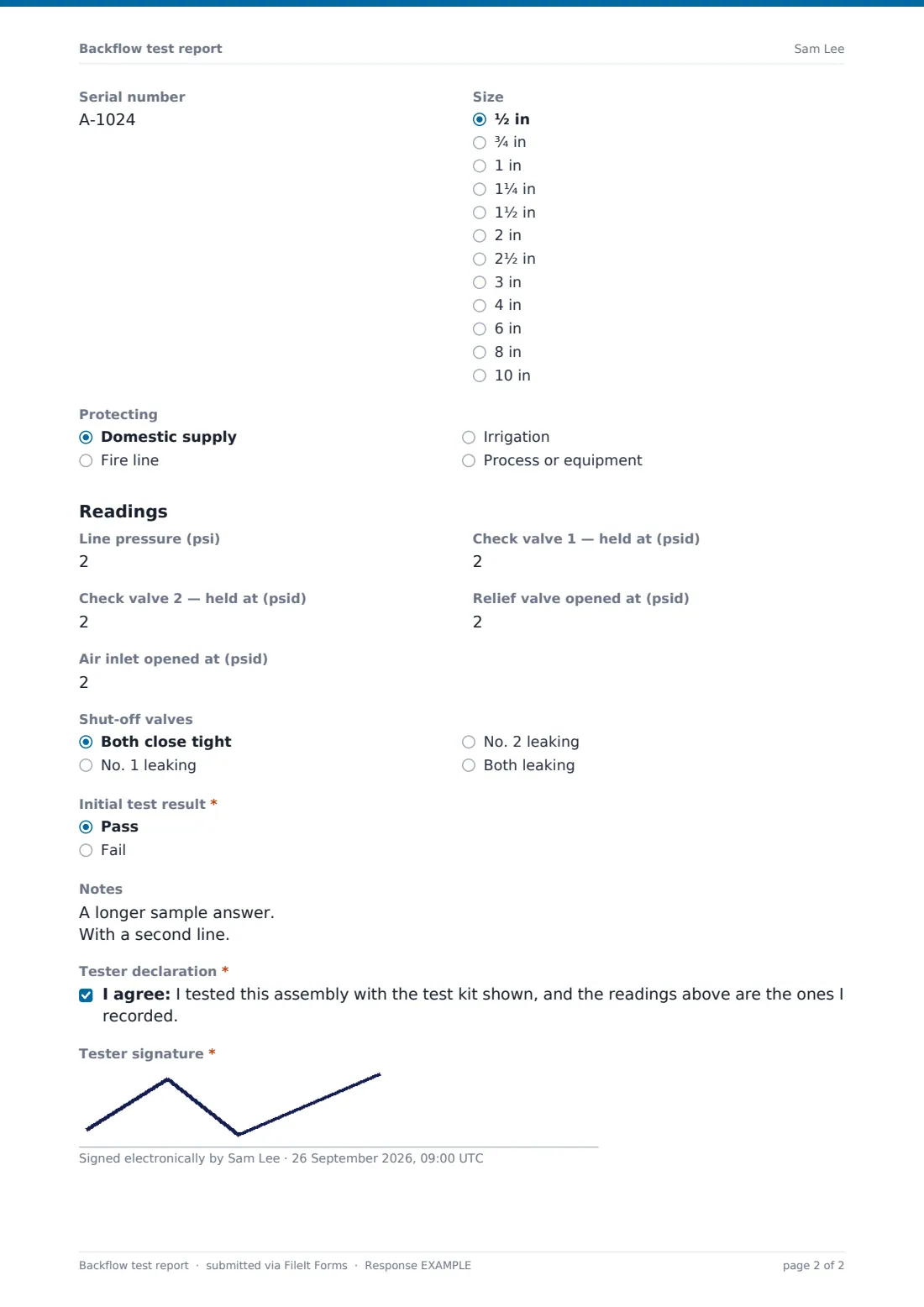 Backflow test report — example response PDF, page 2 of 2