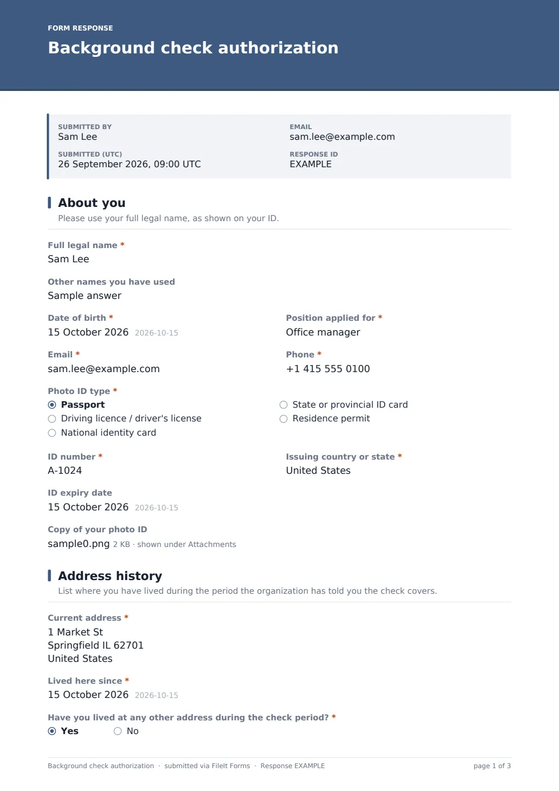 Background check authorization — example response PDF, page 1 of 3