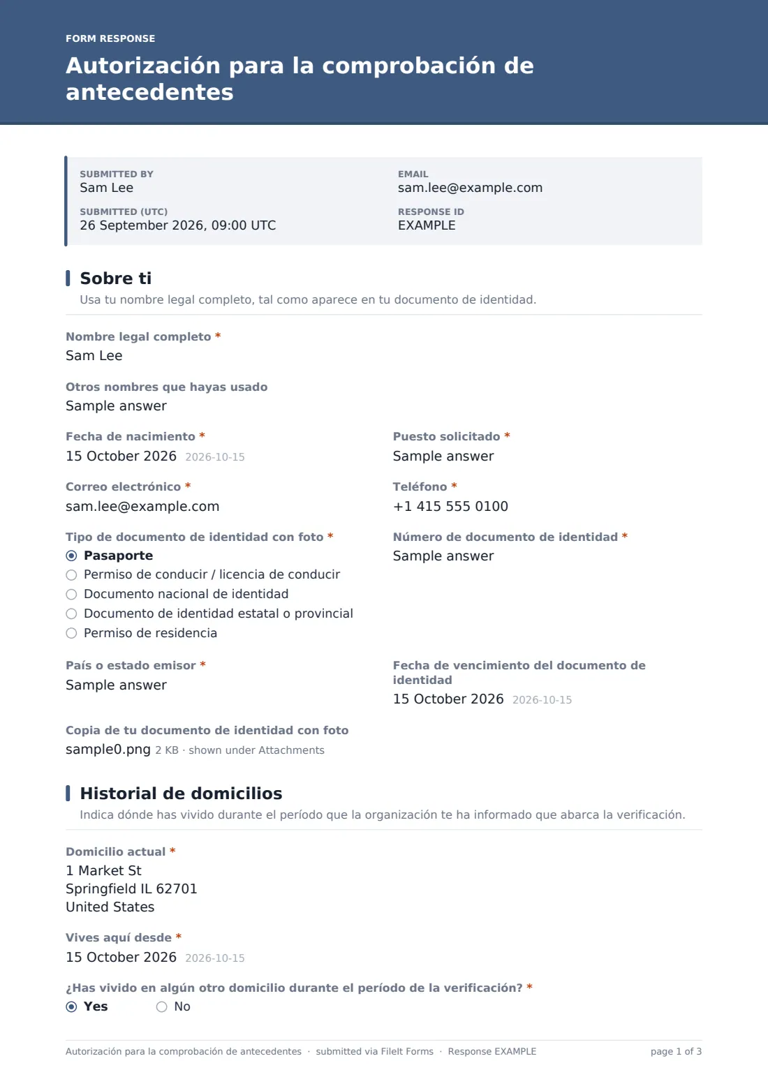 Autorización para la comprobación de antecedentes — PDF de respuesta de ejemplo, página 1 de 3