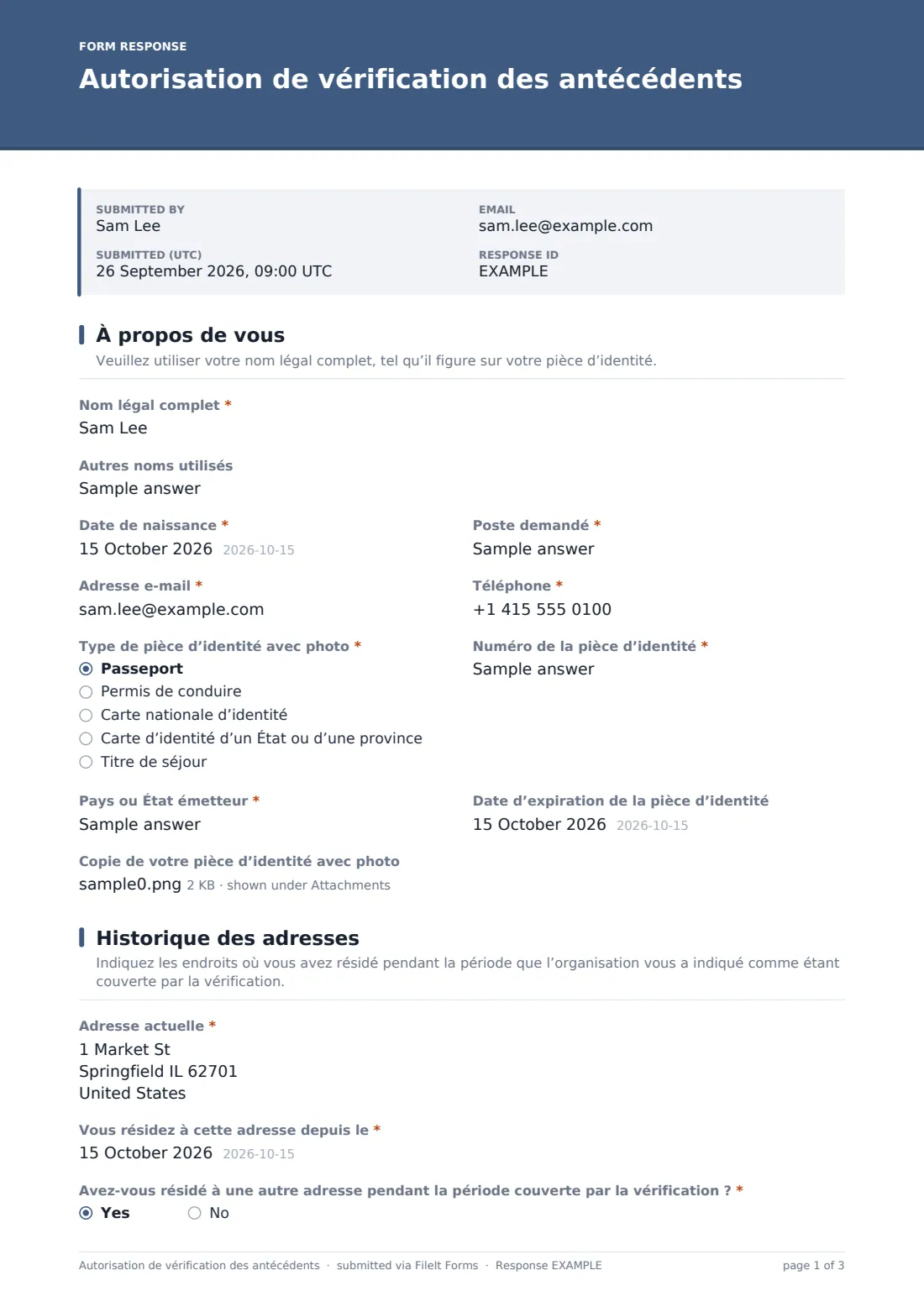 Autorisation de vérification des antécédents — exemple de réponse au format PDF, page 1 sur 3