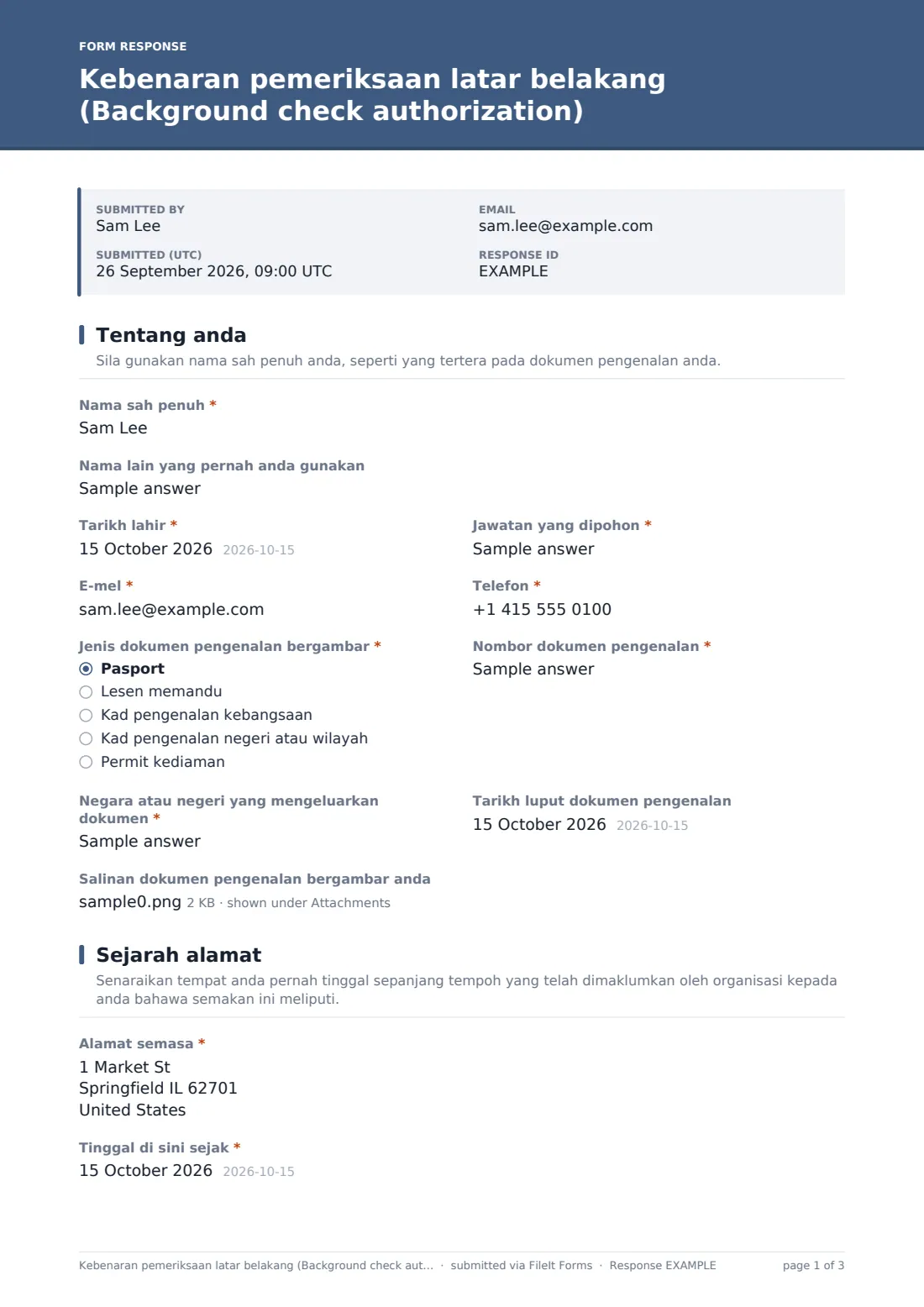 Kebenaran pemeriksaan latar belakang (Background check authorization) — PDF respons contoh, halaman 1 daripada 3