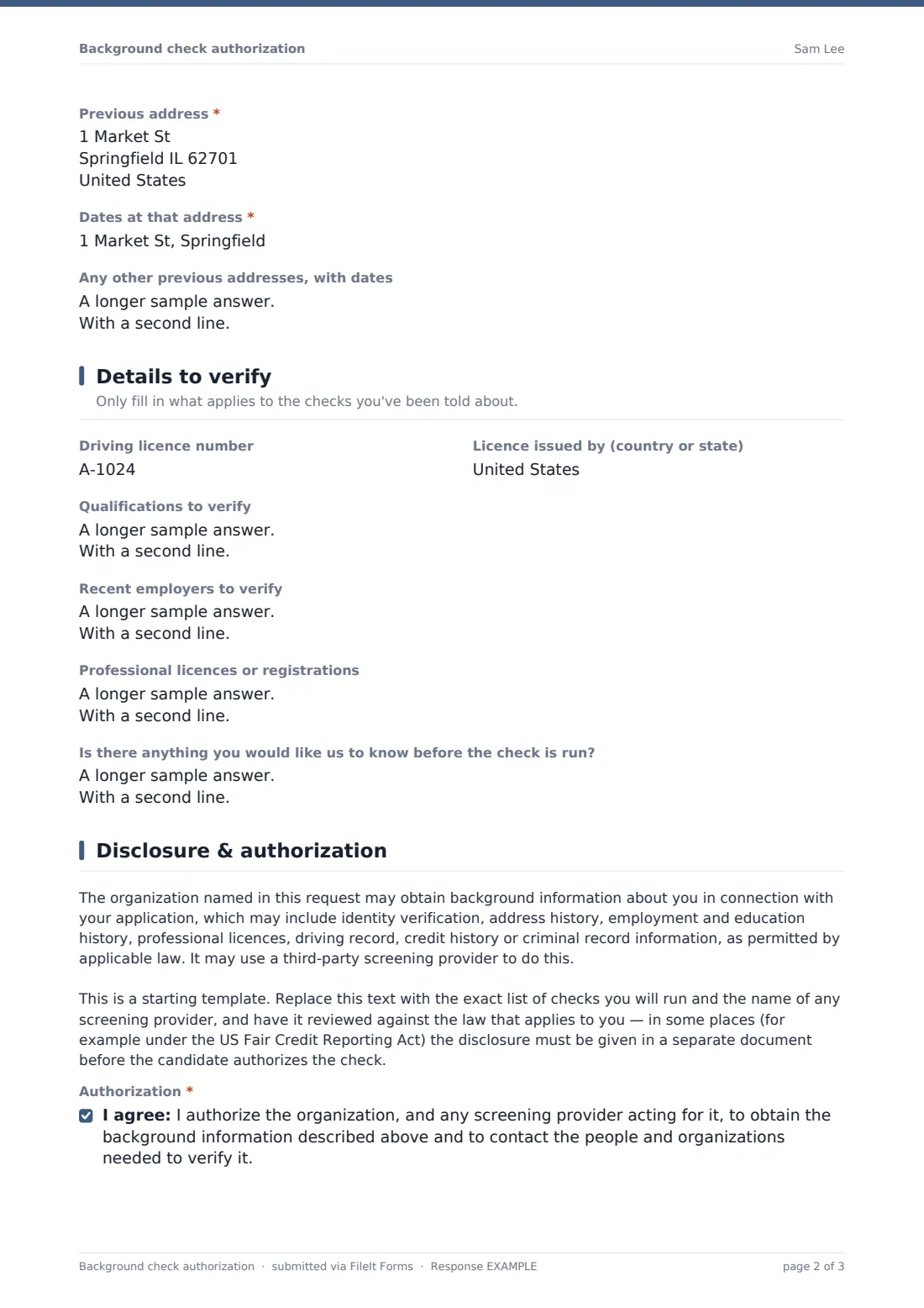 Background check authorization — example response PDF, page 2 of 3