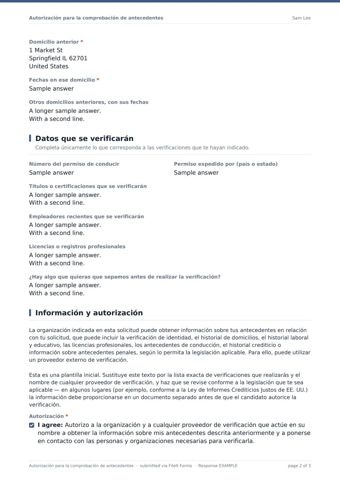 Autorización para la comprobación de antecedentes — PDF de respuesta de ejemplo, página 2 de 3