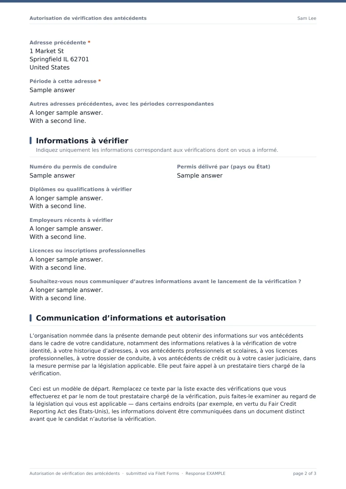 Autorisation de vérification des antécédents — exemple de réponse au format PDF, page 2 sur 3