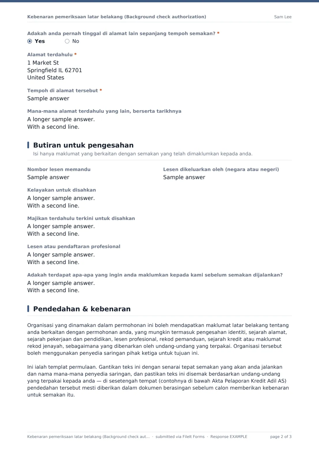 Kebenaran pemeriksaan latar belakang (Background check authorization) — PDF respons contoh, halaman 2 daripada 3
