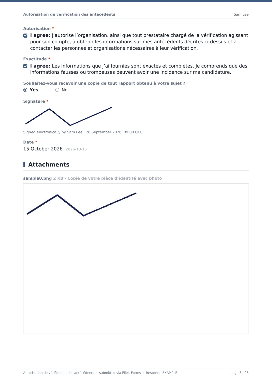 Autorisation de vérification des antécédents — exemple de réponse au format PDF, page 3 sur 3