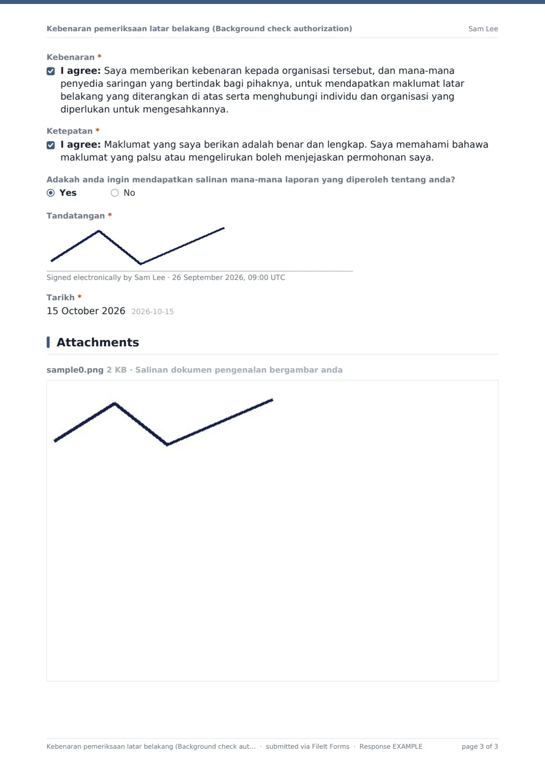 Kebenaran pemeriksaan latar belakang (Background check authorization) — PDF respons contoh, halaman 3 daripada 3