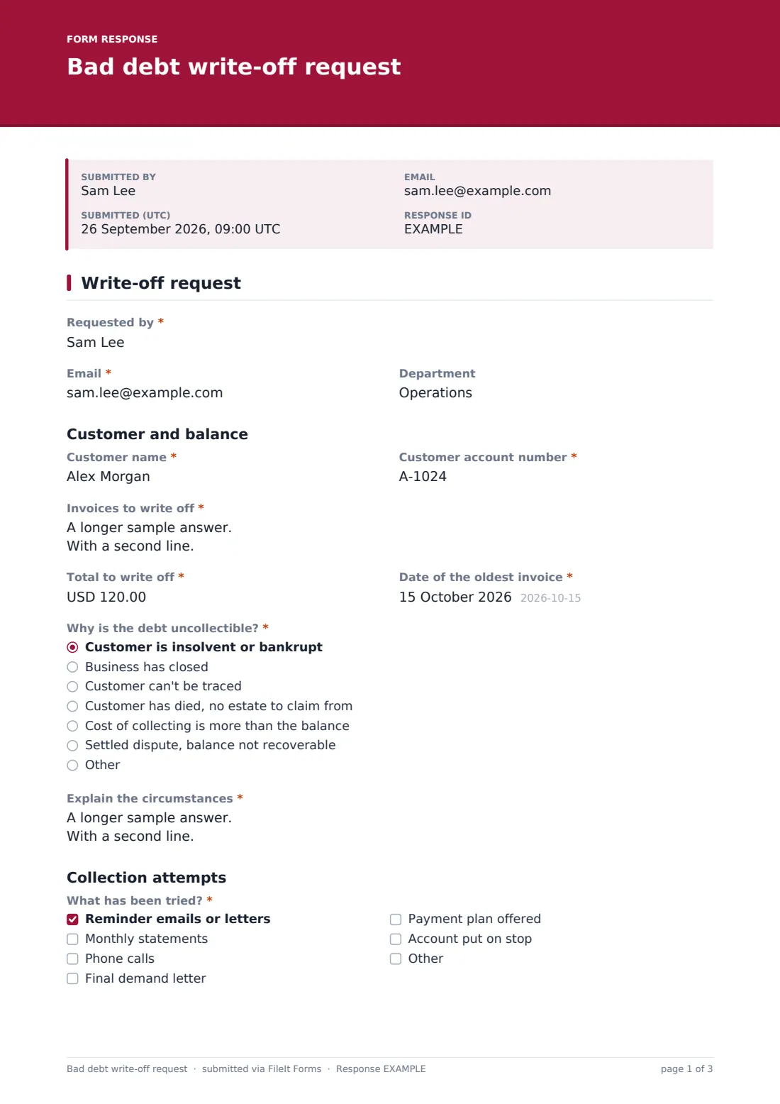 Bad debt write-off request — example response PDF, page 1 of 3