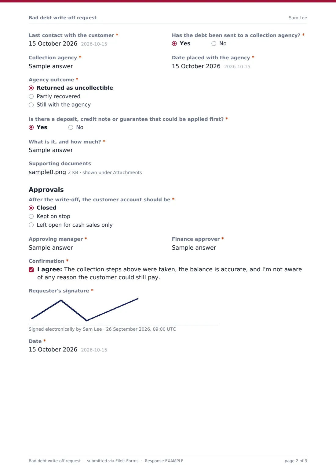 Bad debt write-off request — example response PDF, page 2 of 3