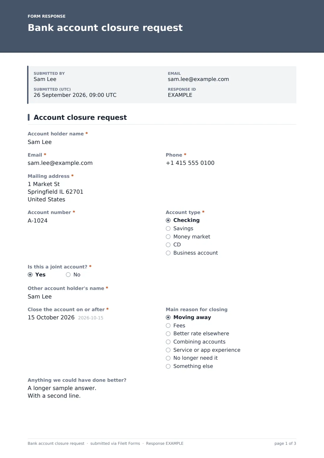 Bank account closure request — example response PDF, page 1 of 3