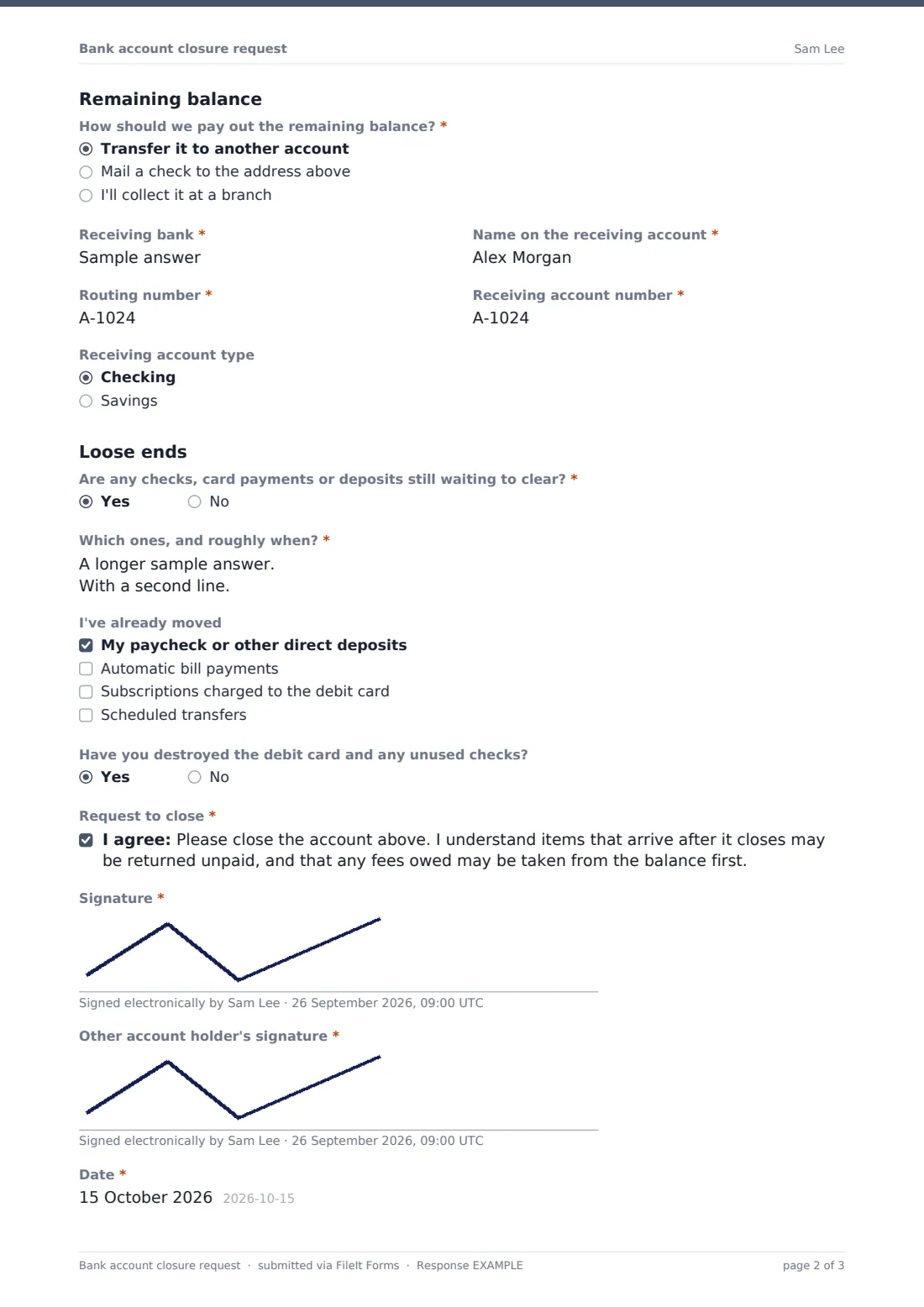 Bank account closure request — example response PDF, page 2 of 3