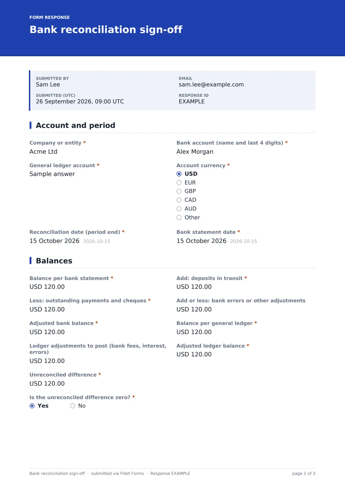 Bank reconciliation sign-off — example response PDF, page 1 of 3