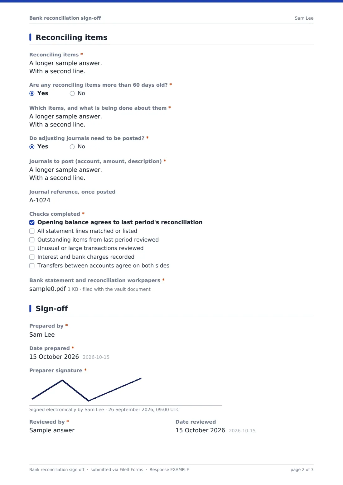 Bank reconciliation sign-off — example response PDF, page 2 of 3