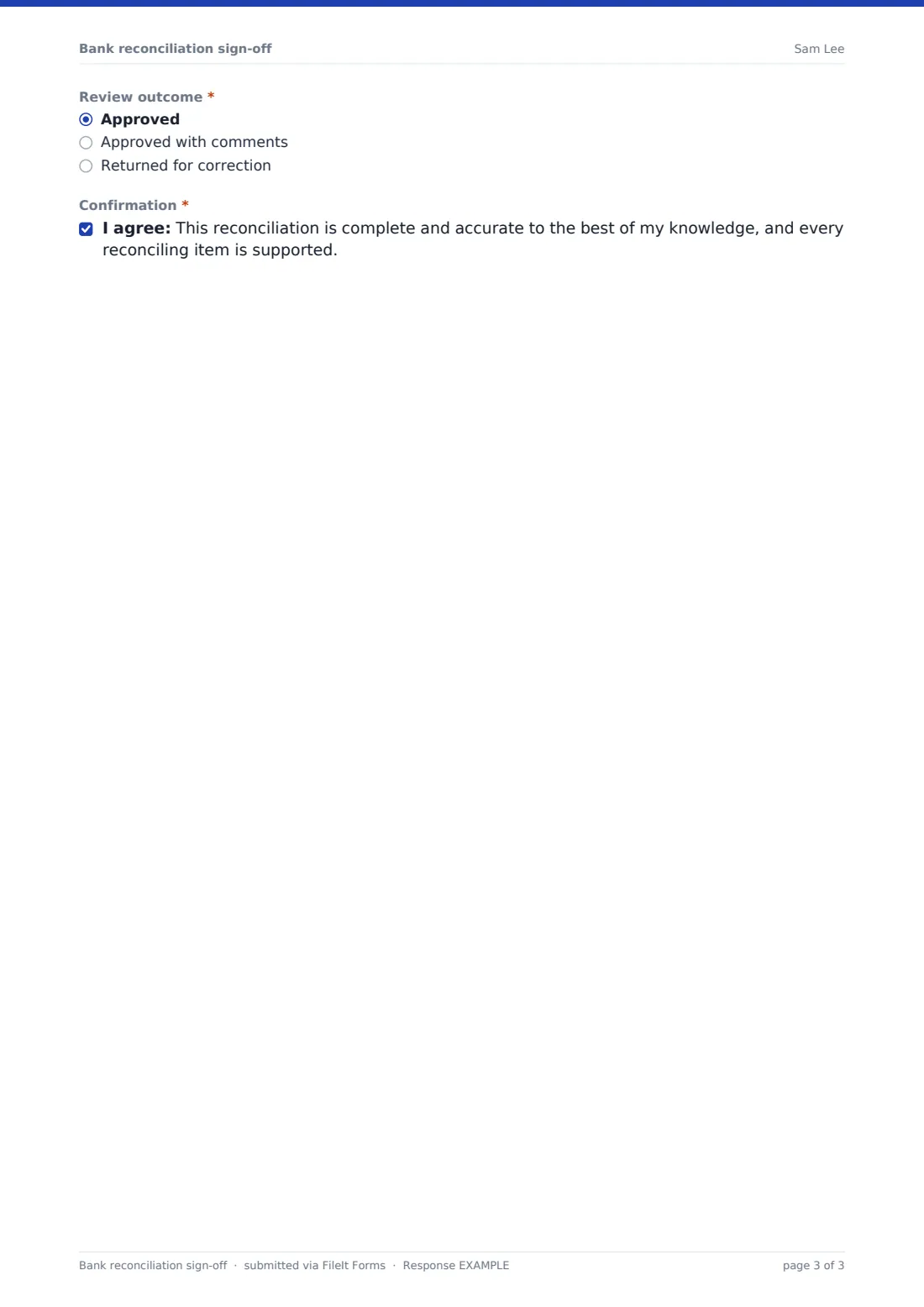 Bank reconciliation sign-off — example response PDF, page 3 of 3