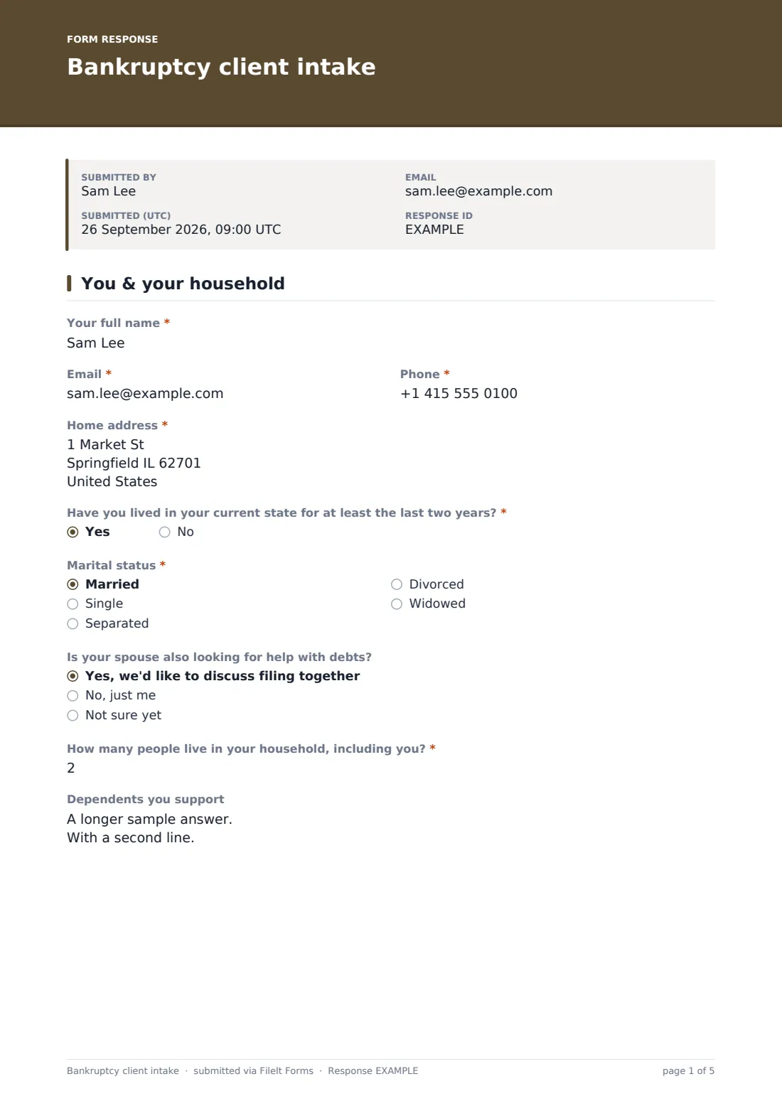 Bankruptcy client intake — example response PDF, page 1 of 5
