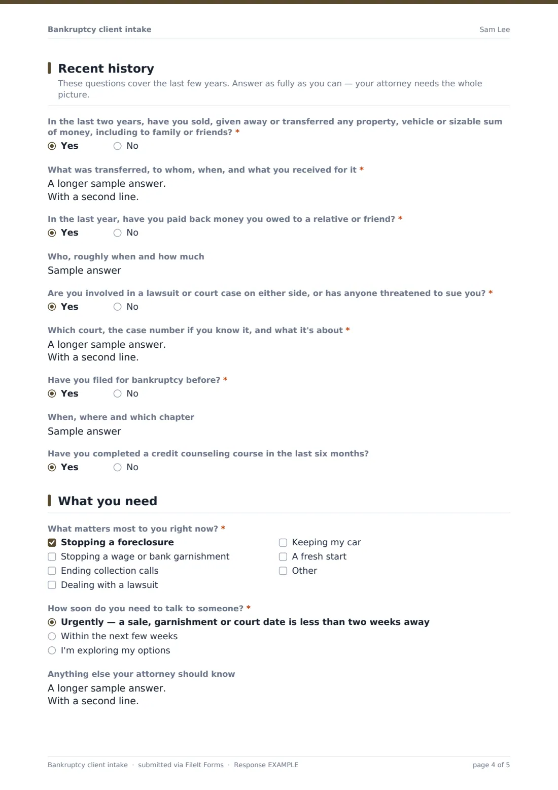 Bankruptcy client intake — example response PDF, page 4 of 5