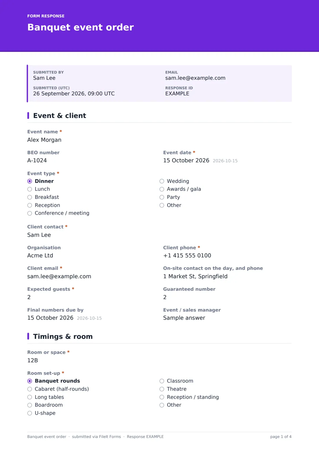 Banquet event order — example response PDF, page 1 of 4