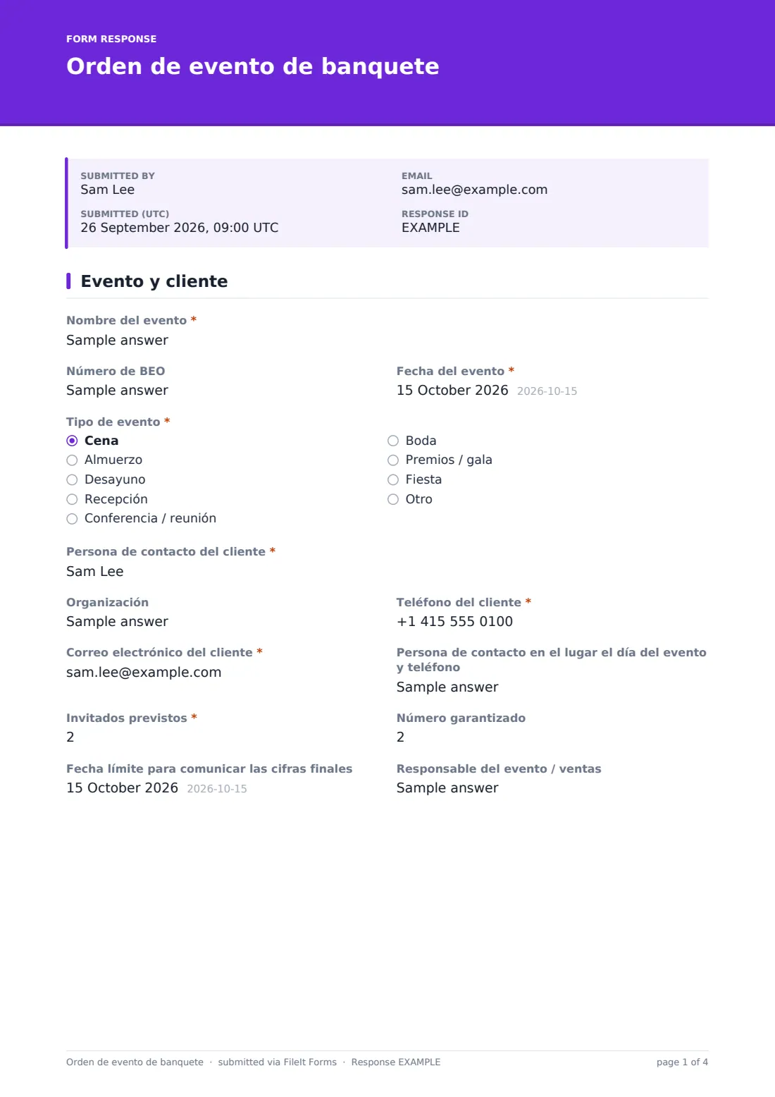 Orden de evento de banquete — PDF de respuesta de ejemplo, página 1 de 4