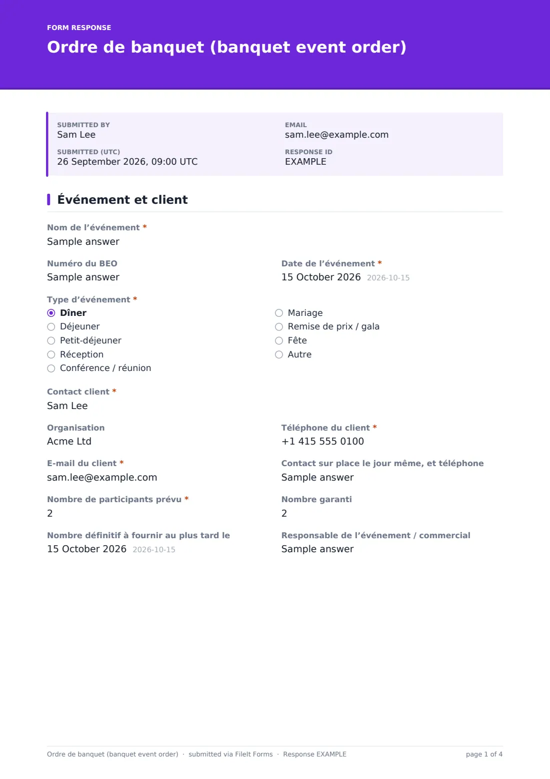 Ordre de banquet (banquet event order) — exemple de réponse au format PDF, page 1 sur 4