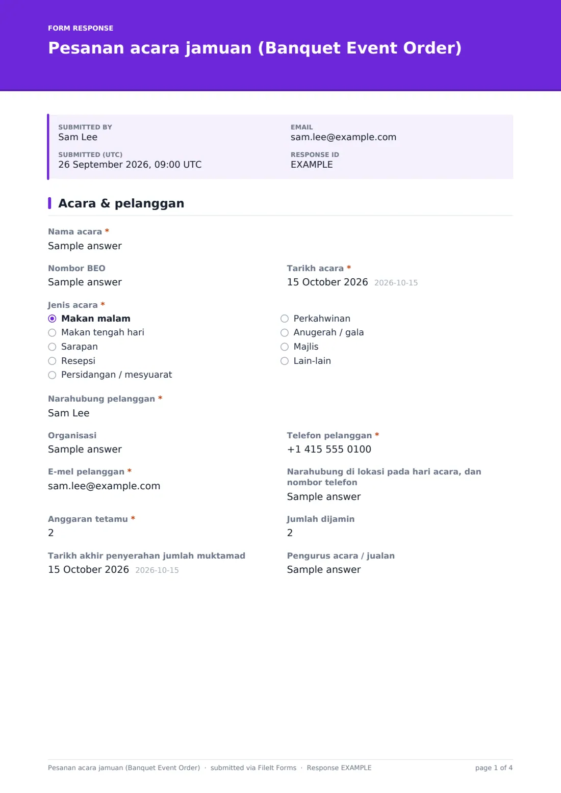 Pesanan acara jamuan (Banquet Event Order) — PDF respons contoh, halaman 1 daripada 4