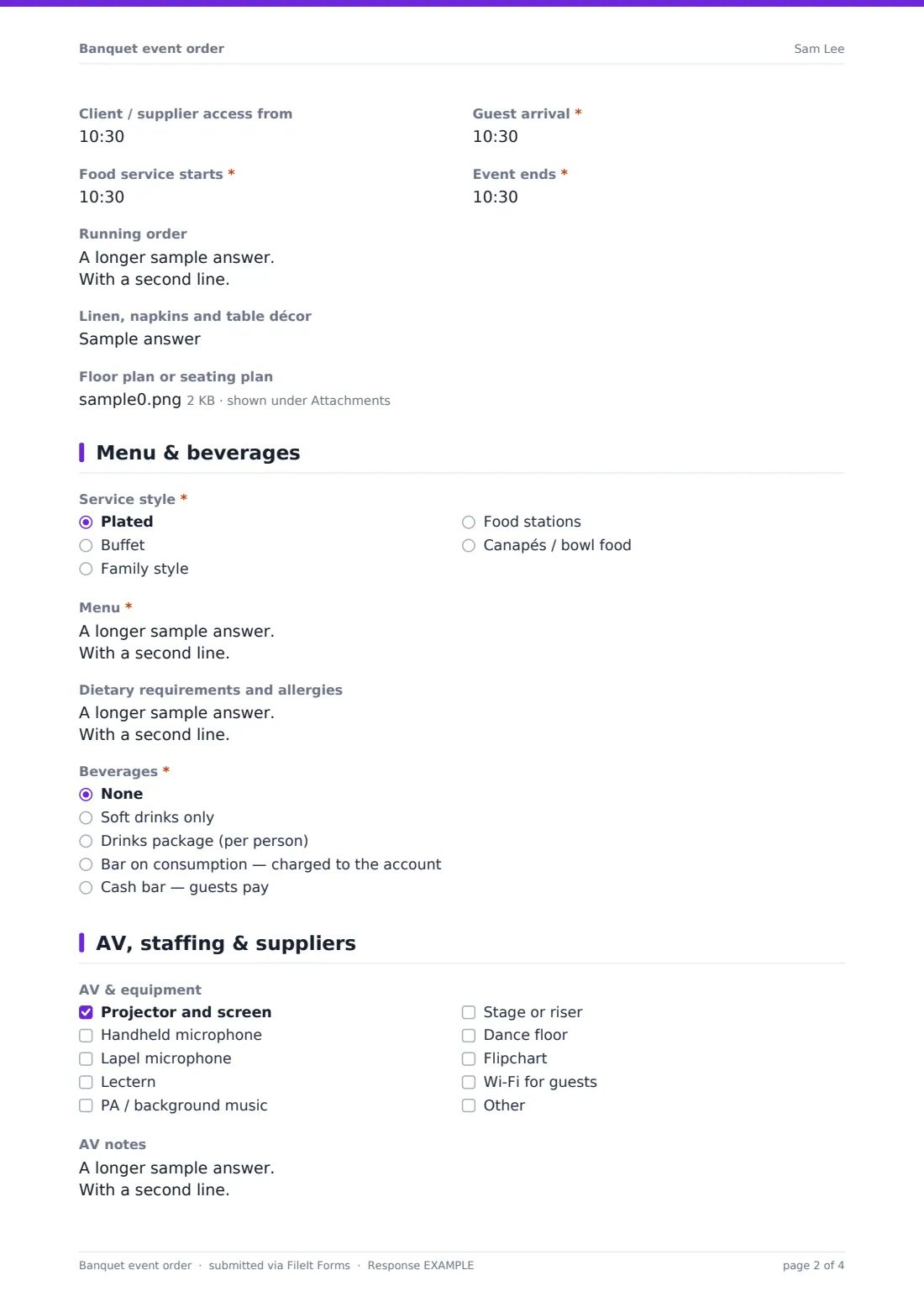 Banquet event order — example response PDF, page 2 of 4