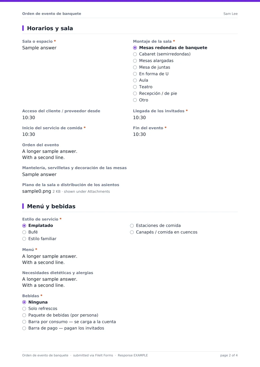 Orden de evento de banquete — PDF de respuesta de ejemplo, página 2 de 4