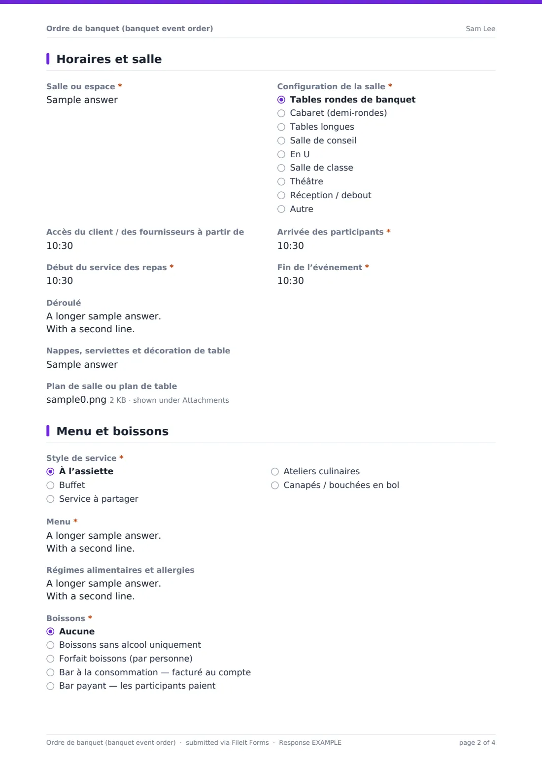 Ordre de banquet (banquet event order) — exemple de réponse au format PDF, page 2 sur 4