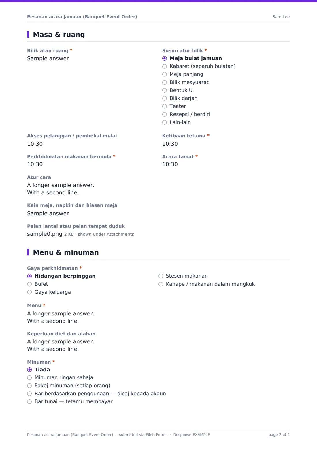 Pesanan acara jamuan (Banquet Event Order) — PDF respons contoh, halaman 2 daripada 4