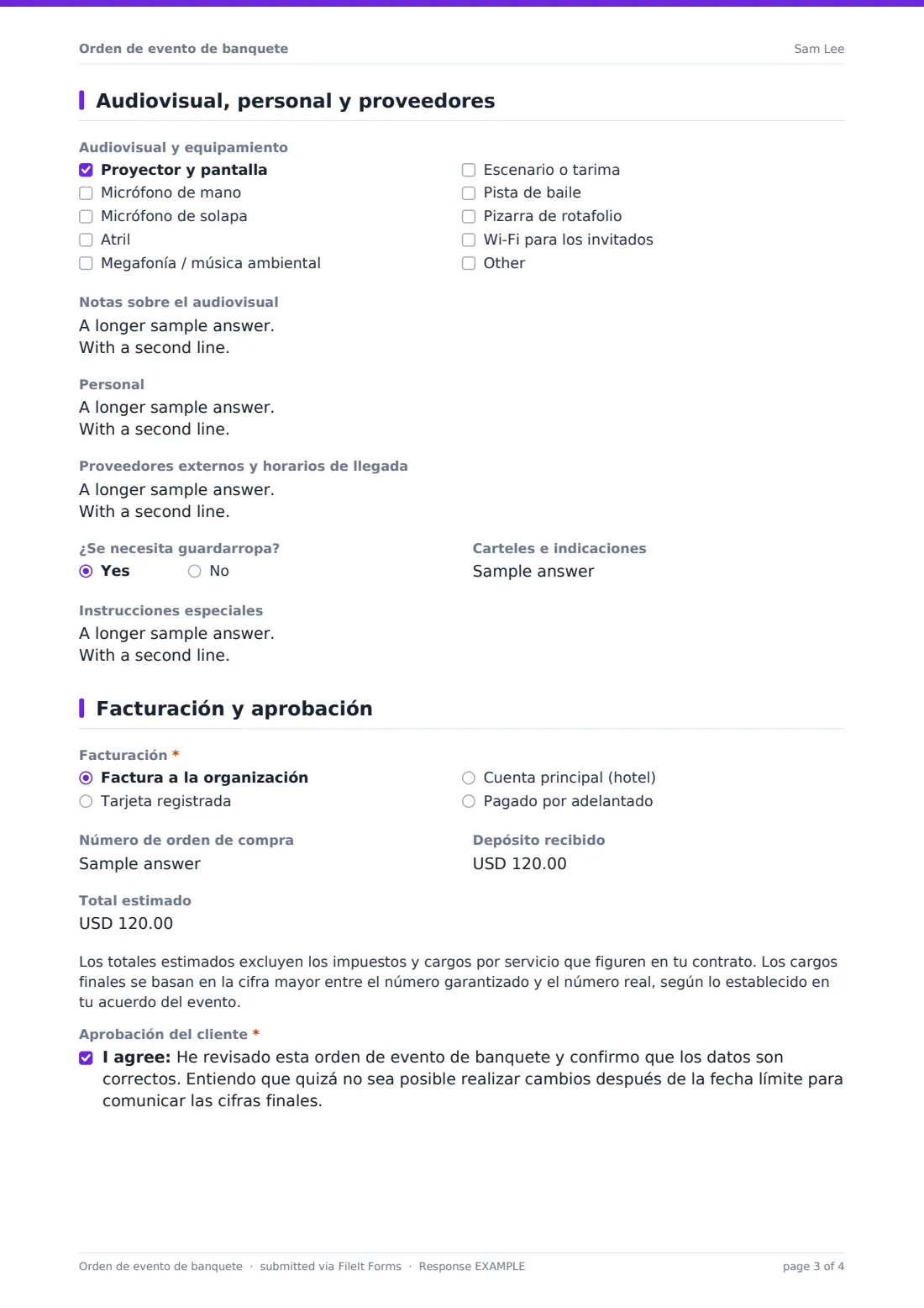 Orden de evento de banquete — PDF de respuesta de ejemplo, página 3 de 4