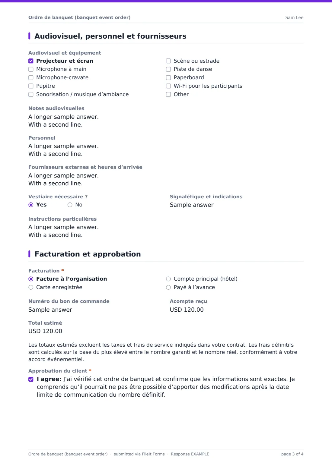 Ordre de banquet (banquet event order) — exemple de réponse au format PDF, page 3 sur 4