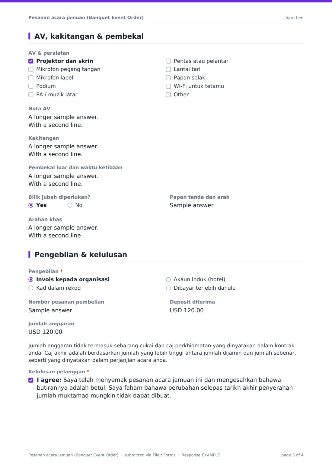 Pesanan acara jamuan (Banquet Event Order) — PDF respons contoh, halaman 3 daripada 4