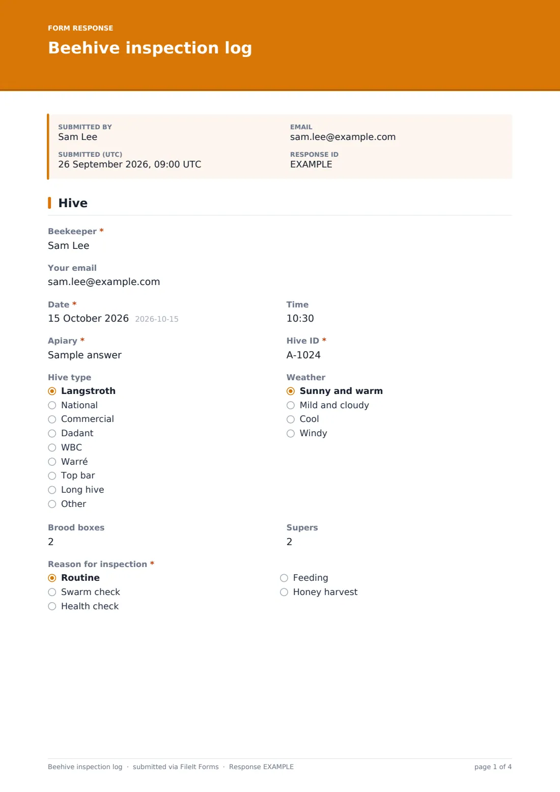Beehive inspection log — example response PDF, page 1 of 4
