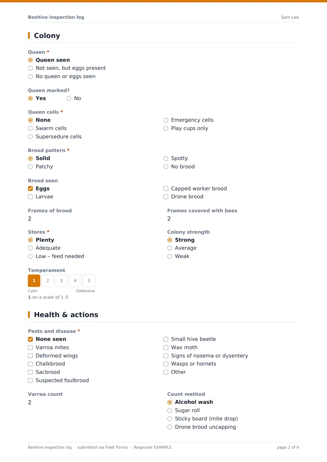 Beehive inspection log — example response PDF, page 2 of 4