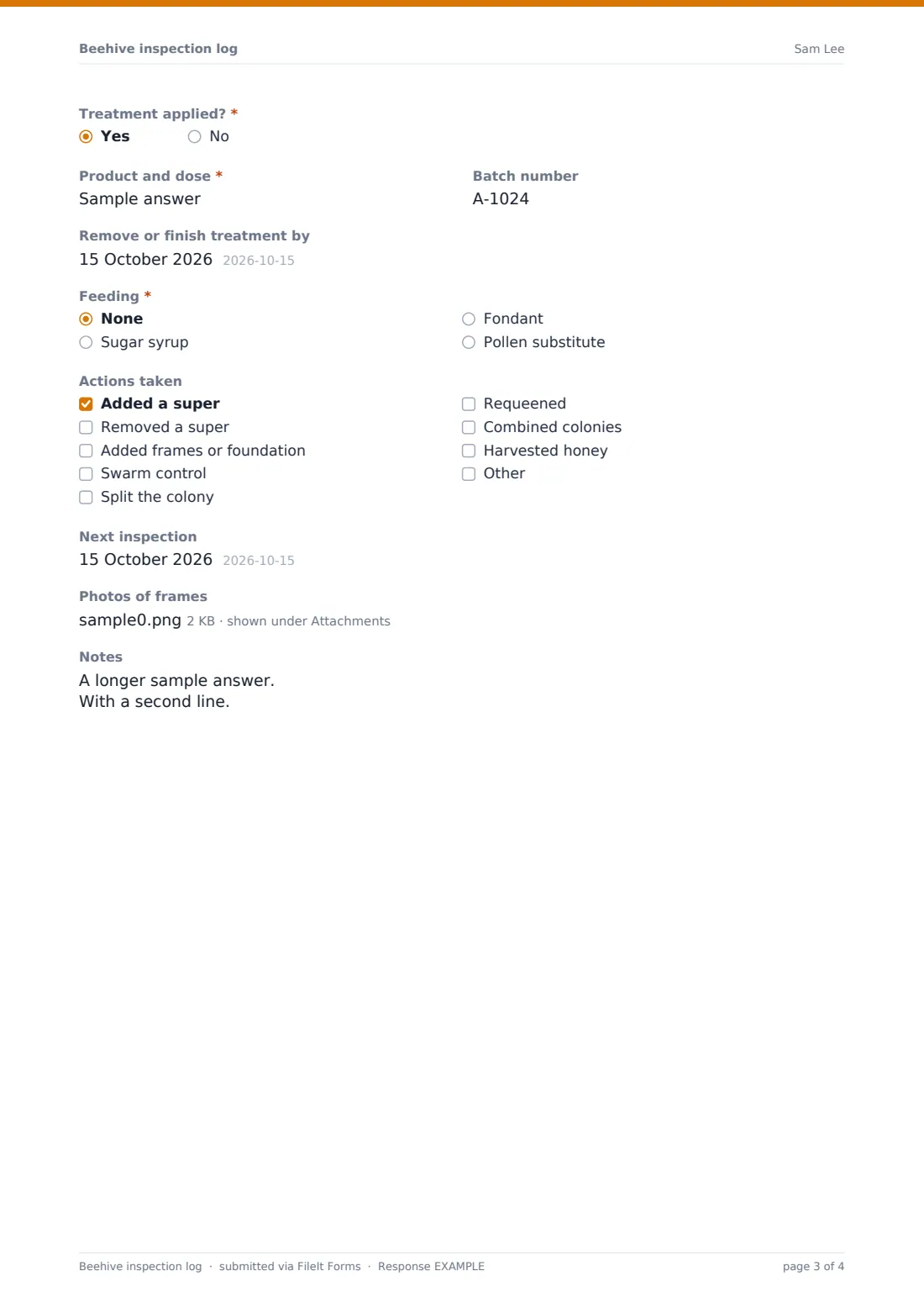 Beehive inspection log — example response PDF, page 3 of 4