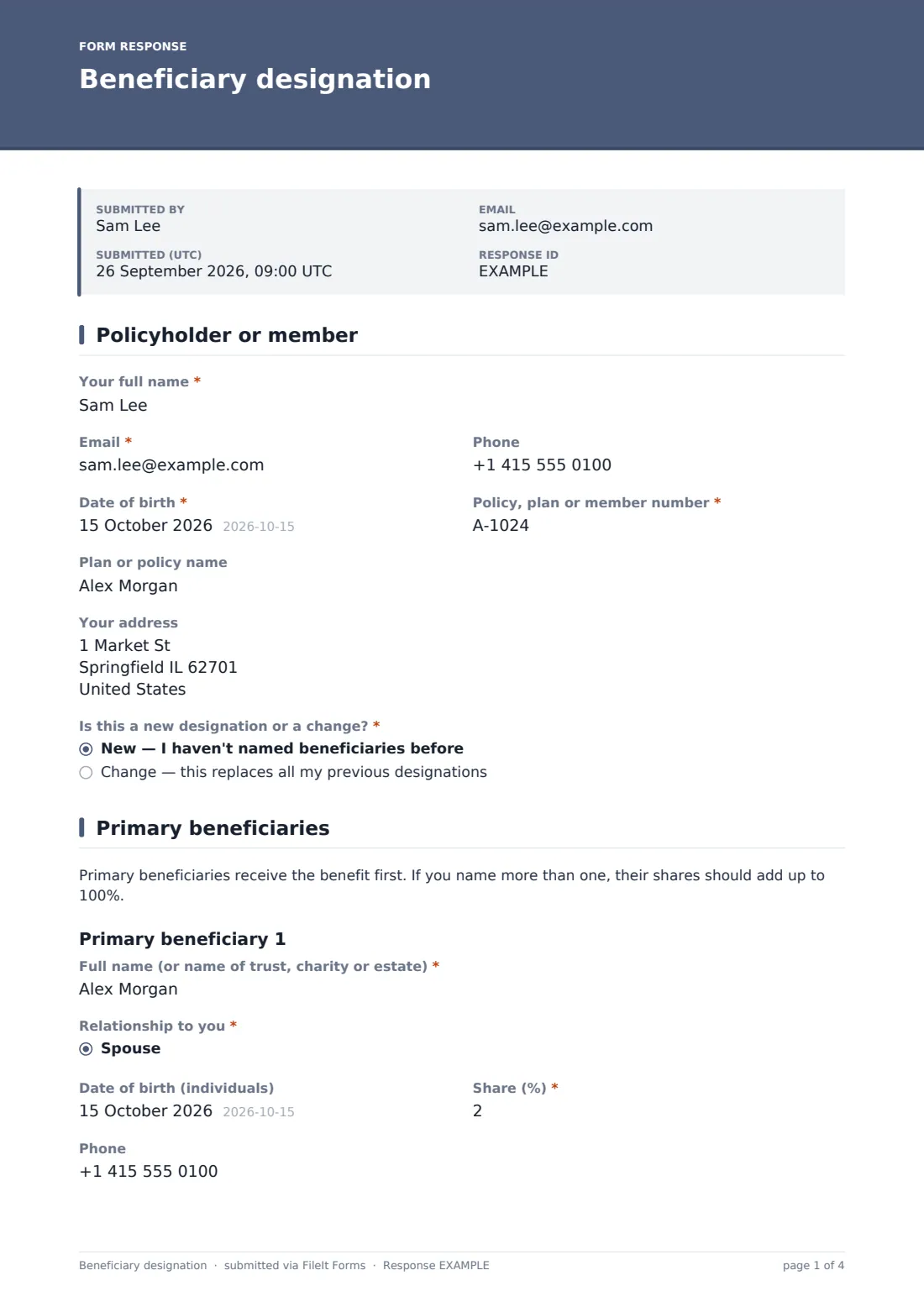 Beneficiary designation — example response PDF, page 1 of 4