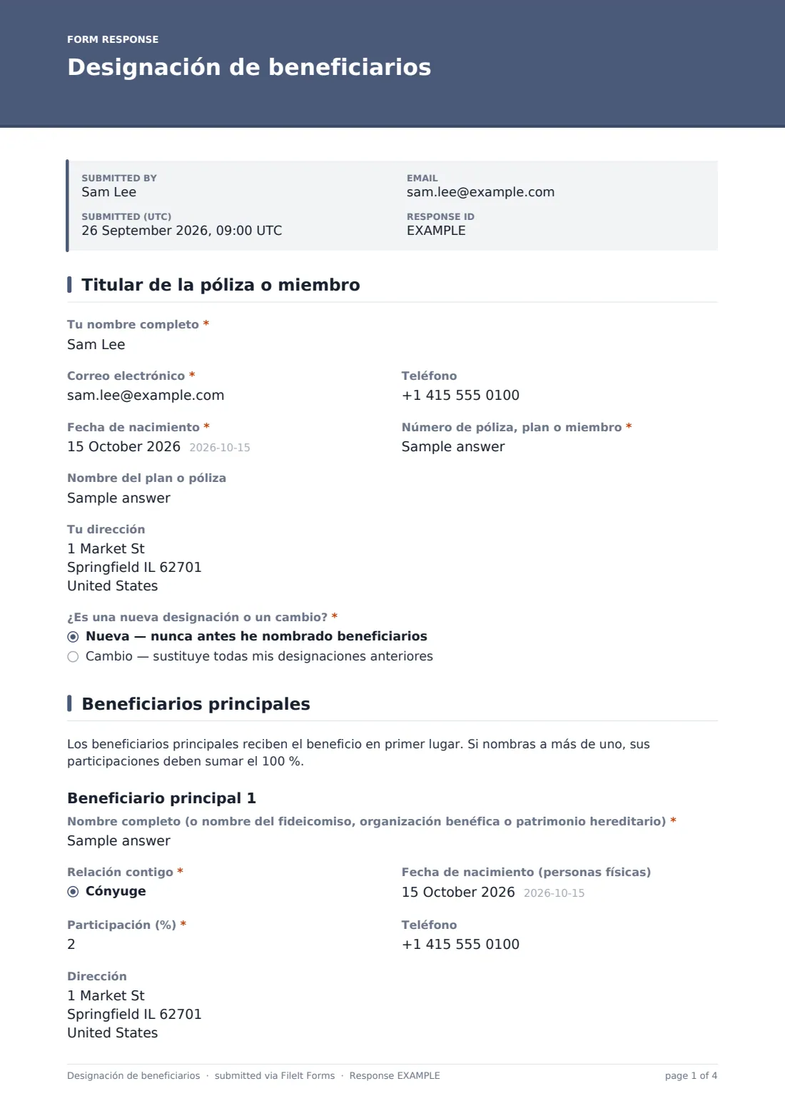 Designación de beneficiarios — PDF de respuesta de ejemplo, página 1 de 4