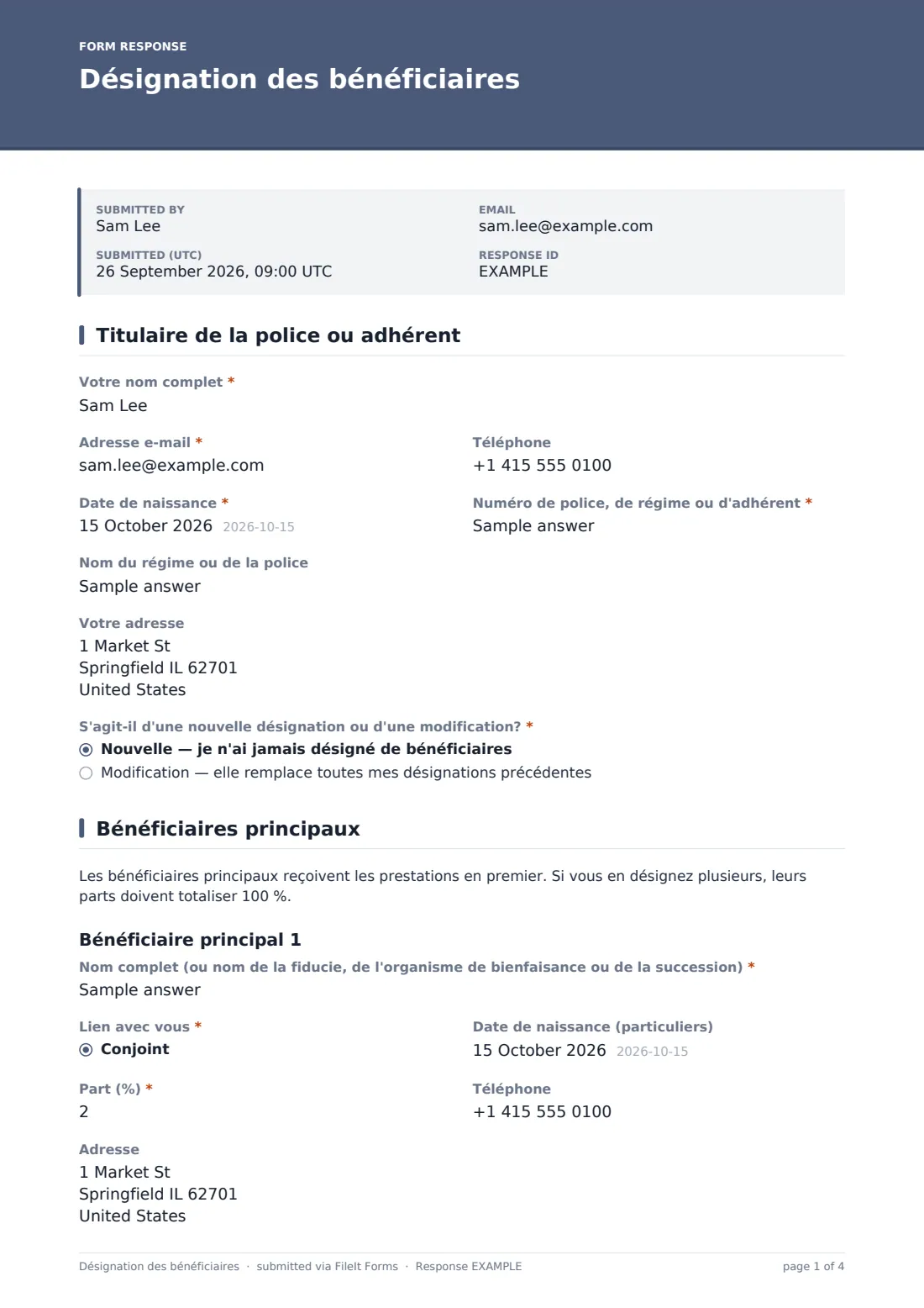 Désignation des bénéficiaires — exemple de réponse au format PDF, page 1 sur 4