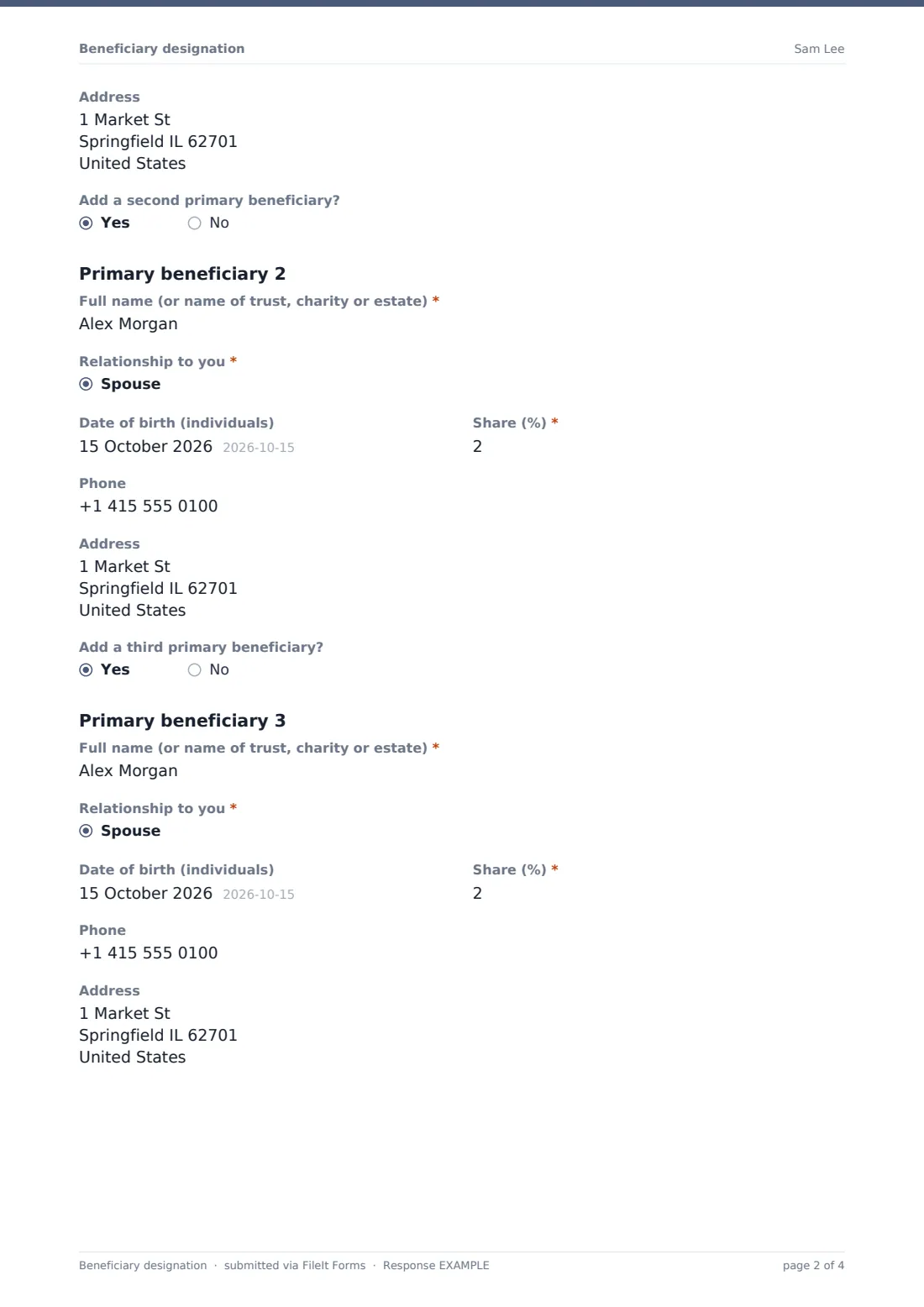 Beneficiary designation — example response PDF, page 2 of 4