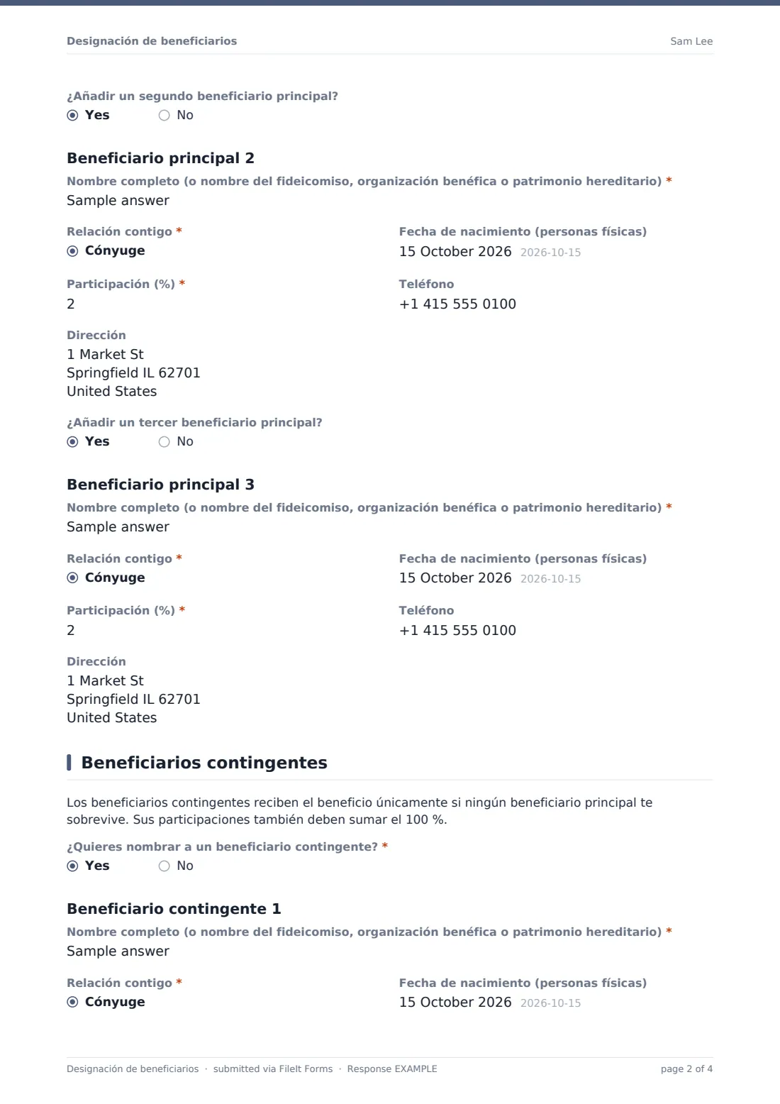 Designación de beneficiarios — PDF de respuesta de ejemplo, página 2 de 4