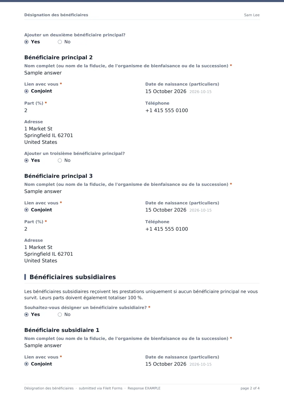 Désignation des bénéficiaires — exemple de réponse au format PDF, page 2 sur 4