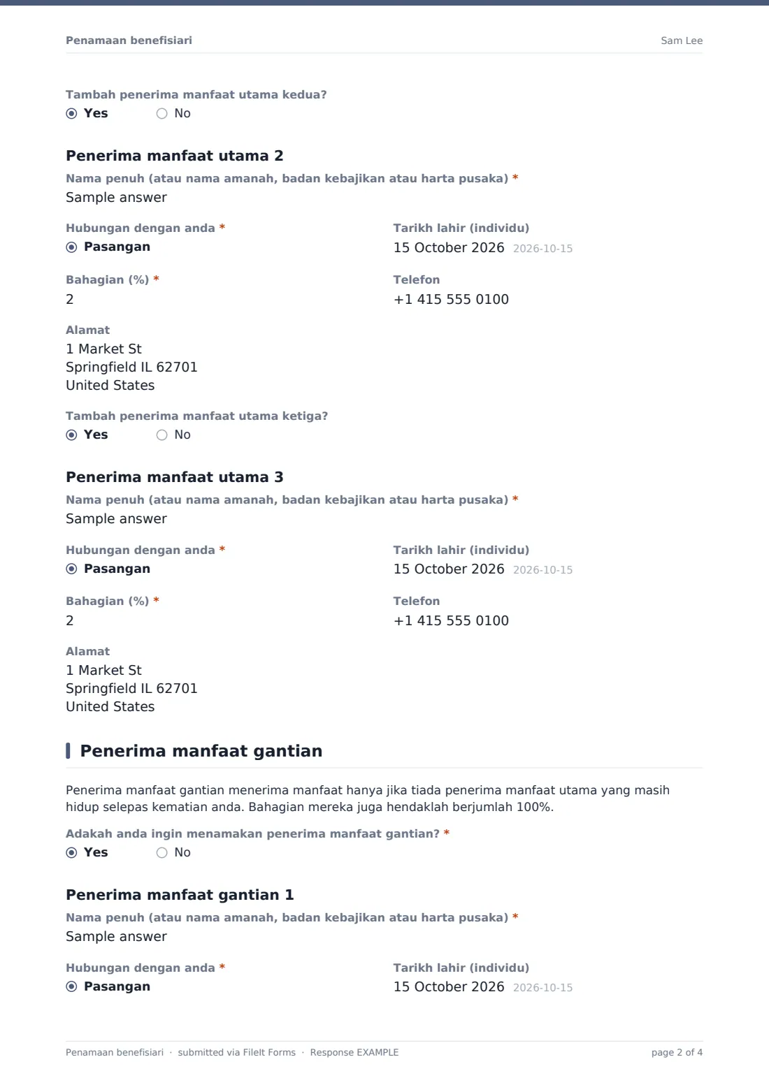 Penamaan benefisiari — PDF respons contoh, halaman 2 daripada 4