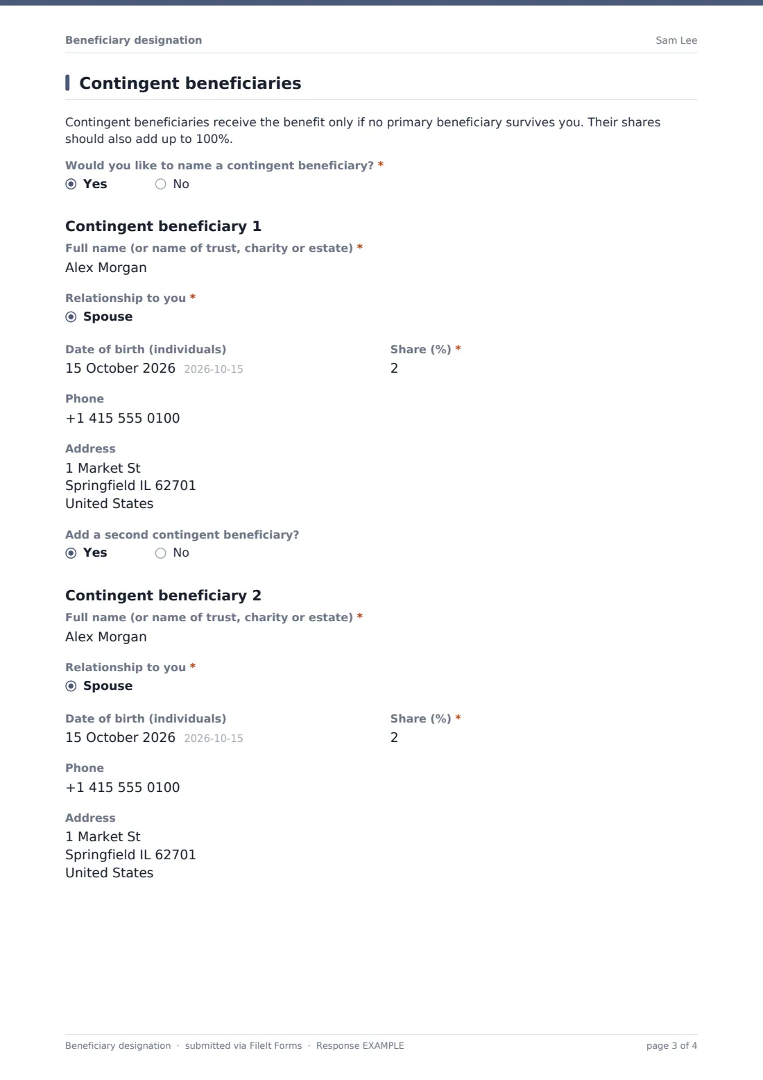 Beneficiary designation — example response PDF, page 3 of 4