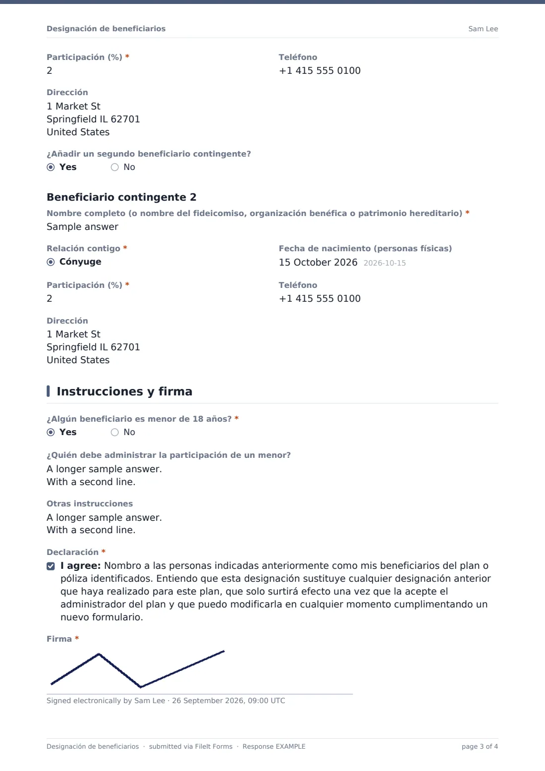 Designación de beneficiarios — PDF de respuesta de ejemplo, página 3 de 4