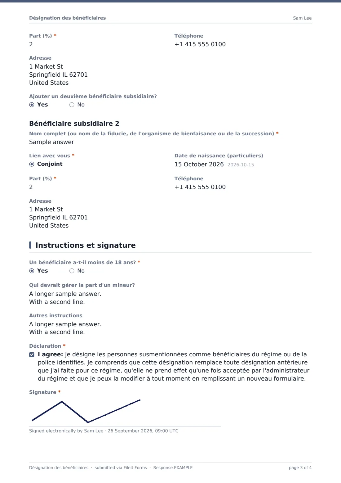 Désignation des bénéficiaires — exemple de réponse au format PDF, page 3 sur 4