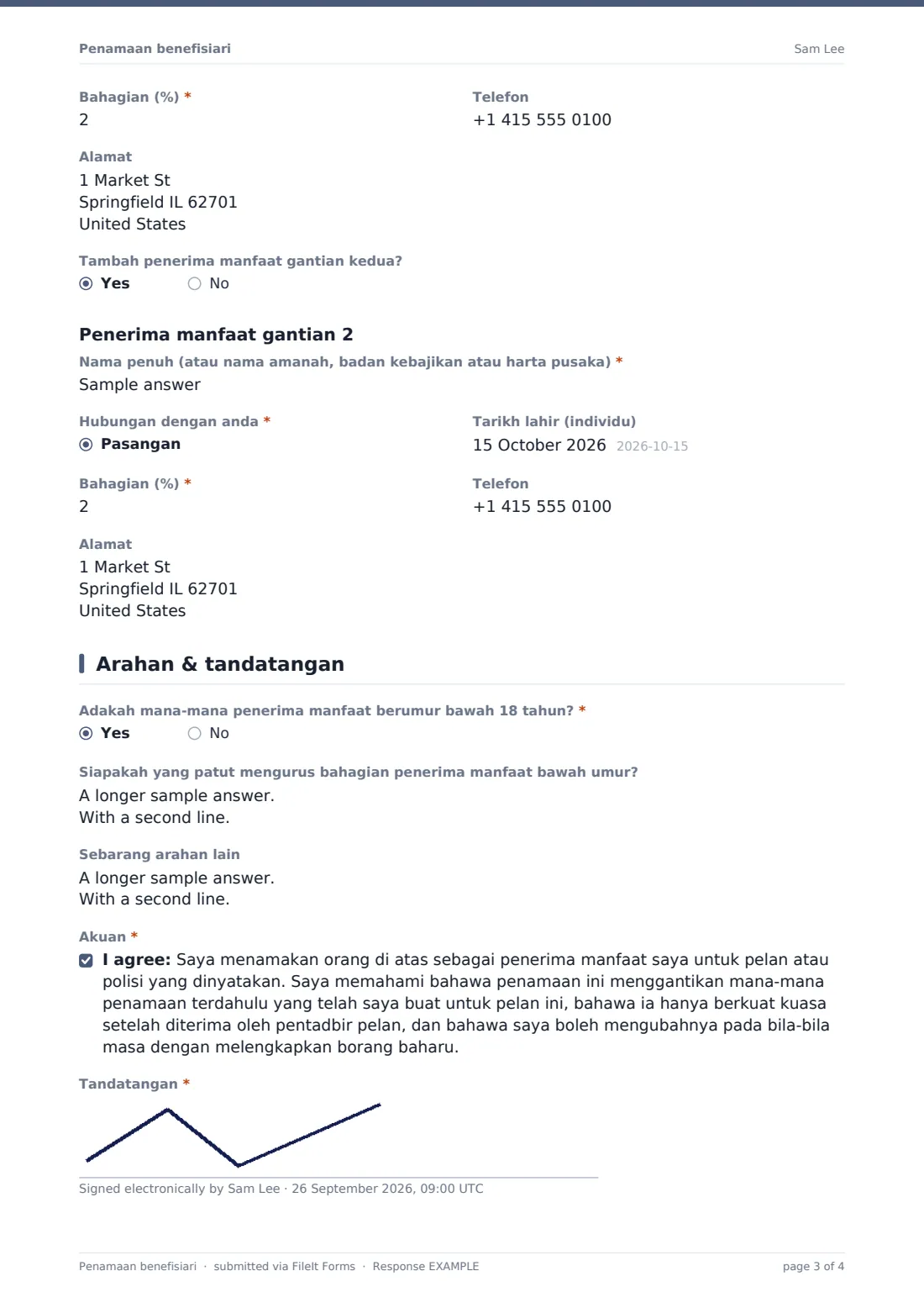 Penamaan benefisiari — PDF respons contoh, halaman 3 daripada 4
